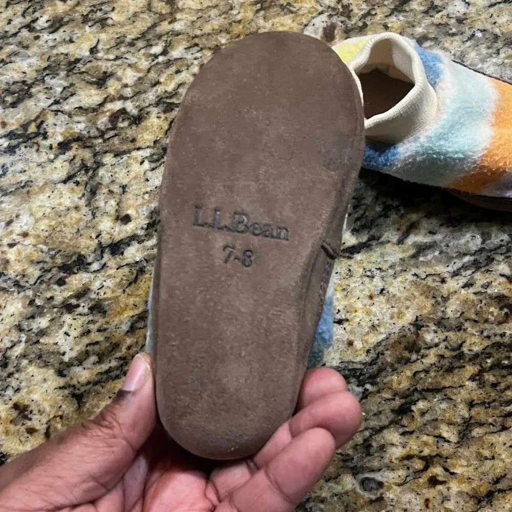 LL Bean Toddler Fleece Striped Slippers Multi-Color Pastel Knit Collar 7-8
